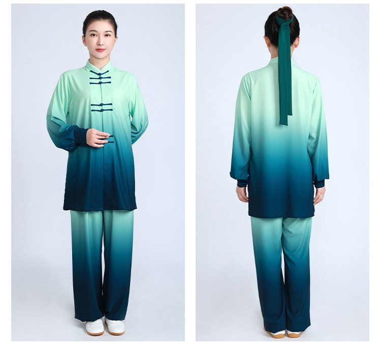 Back view of gradient Tai Chi uniform showing color transition