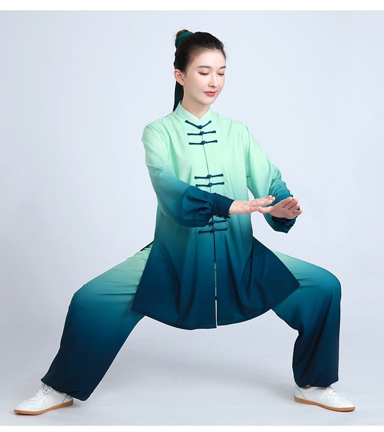 Woman wearing gradient Tai Chi outfit performing seated posture