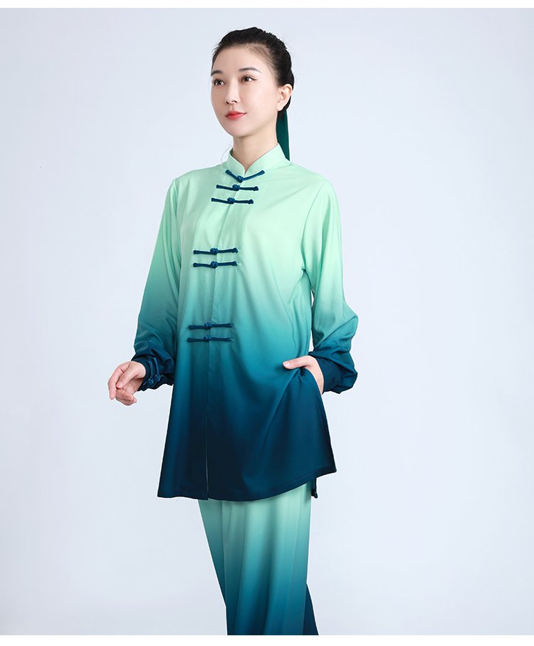 Female model standing in full view wearing gradient Tai Chi outfit