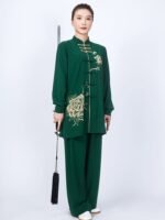 Peony Print Tai Chi Uniform Green Cotton Tai Chi Suit for Women - Image 2