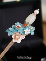 Fashion Hanfu Handmade Peony Jade Bead Dish Hair Headdress Hair Pin Stick - Image 3