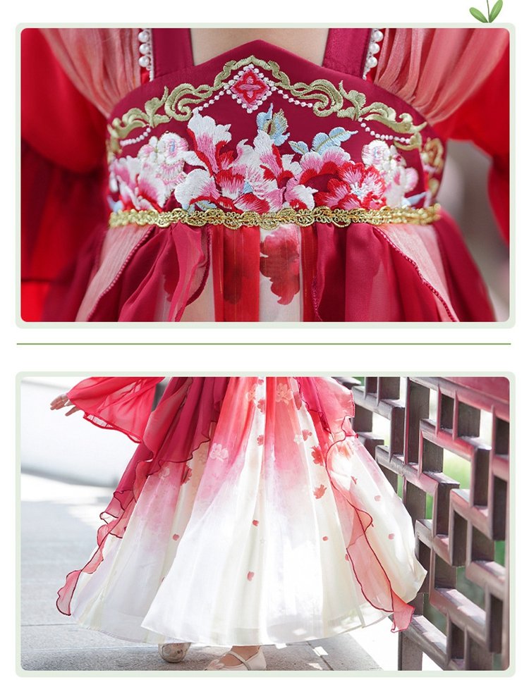 Close-up images showing the embroidery pattern on the chest and layered hem of a red Hanfu dress