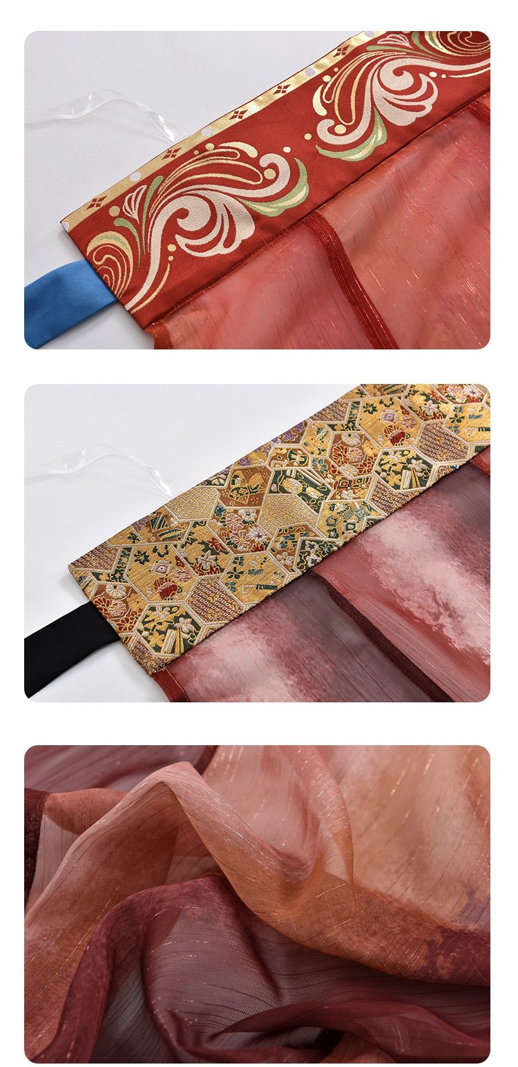 Close-up of ruqun Hanfu embroidered belt and fabric pattern.