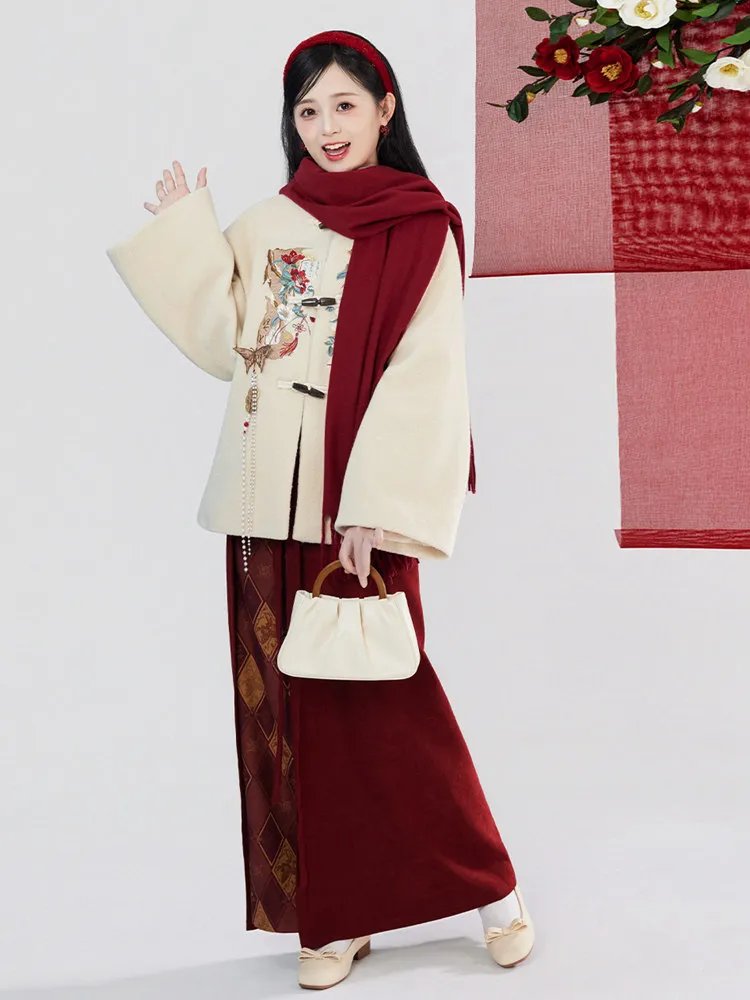 Woman in hanfu-inspired New Year outfit holding a small winter handbag