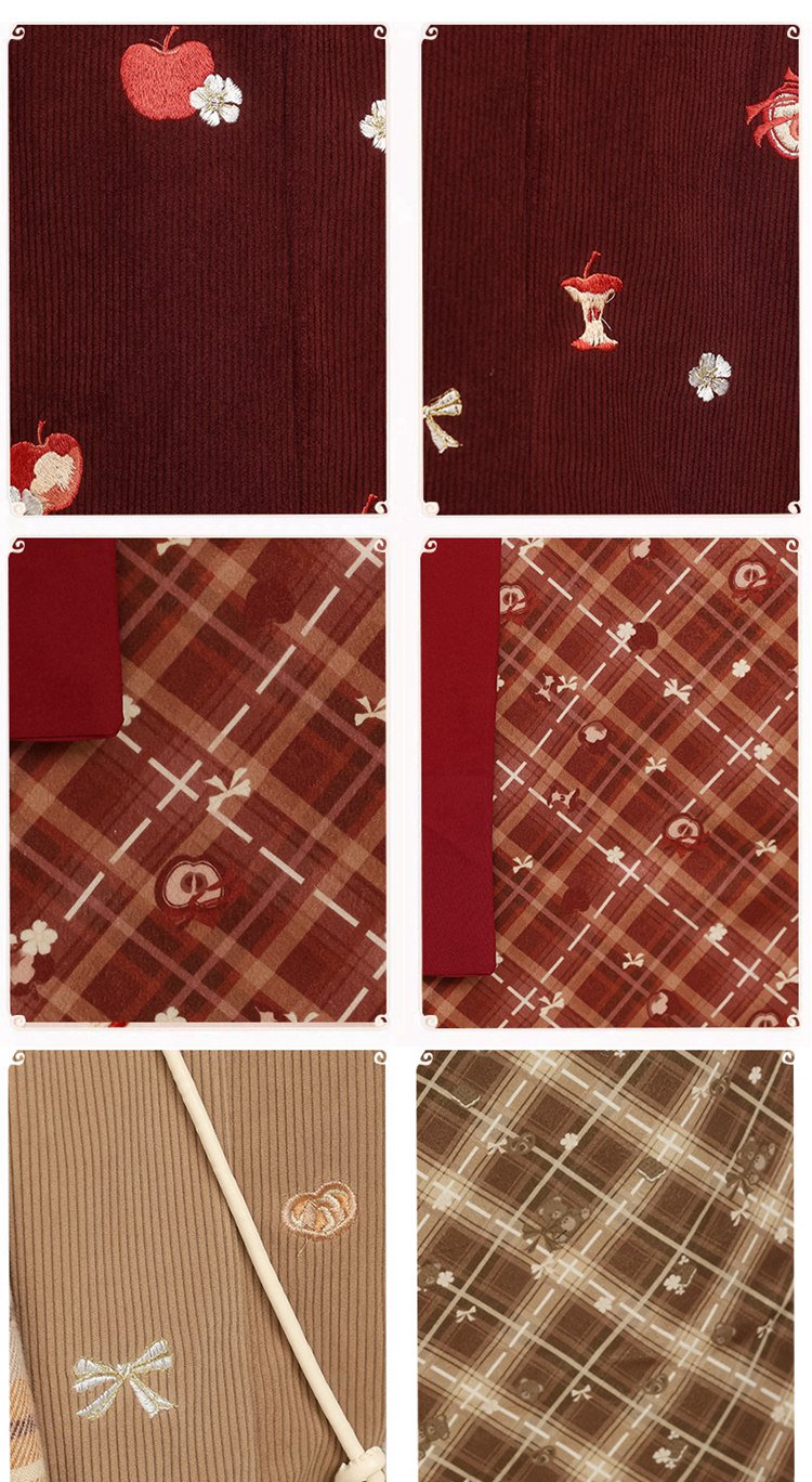 Close-up collage of embroidery and plaid fabric for hanfu-inspired winter outfit