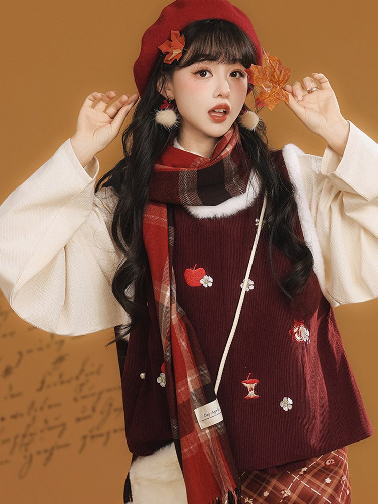 Close-up of embroidered red hanfu-inspired winter top