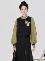 Modern Hanfu Three Piece Set Women – Embroidered Vest, Stand Collar Blouse & Flowing Skirt - Image 4