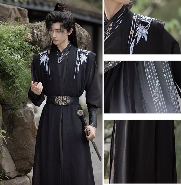 Detailed embroidery and chiffon texture of black Hanfu robe for men.