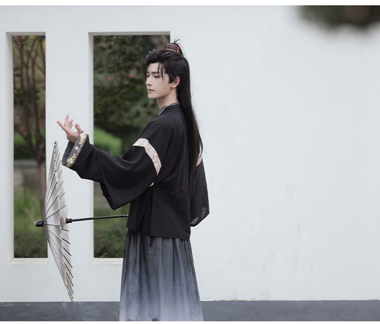 Full view of black Jin-style Hanfu with soft ink pattern, traditional yet modern.