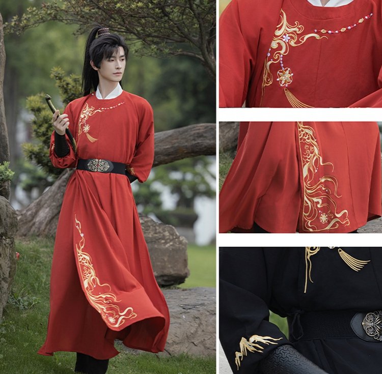 Close-up of gold embroidery and texture on black and red Tang-style Hanfu robes.