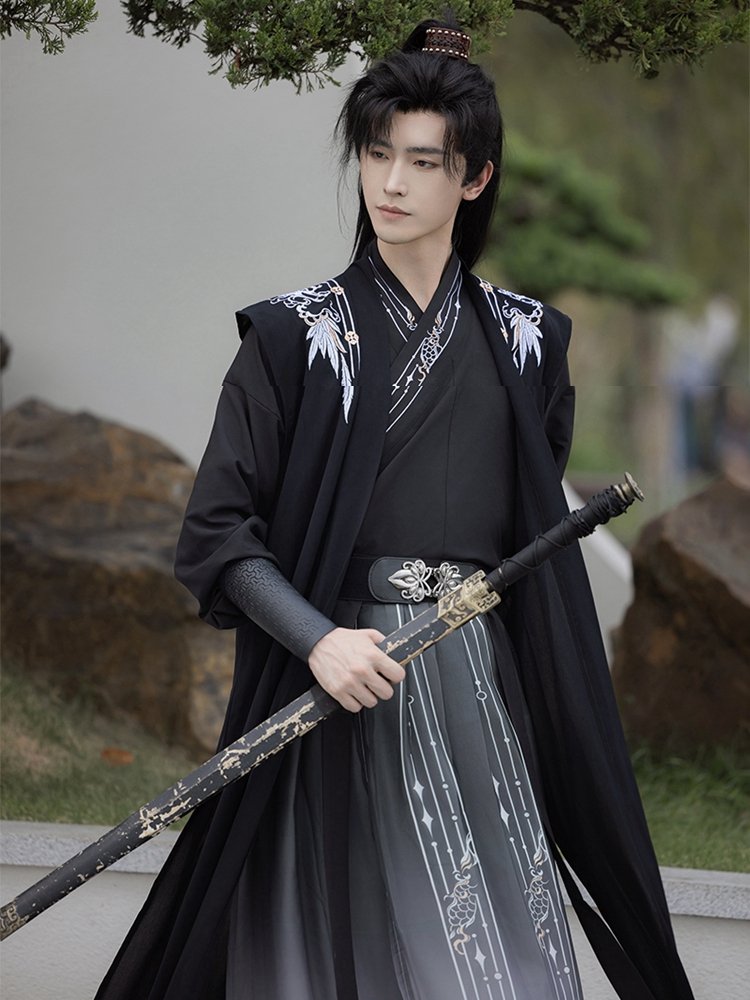 Black Hanfu robe for men with sword, inspired by ancient Chinese knightly style.