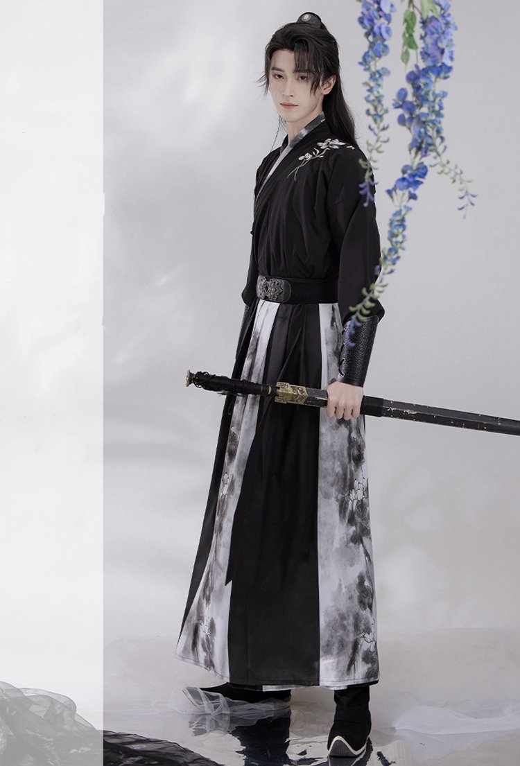 Full-length view of Song-style Hanfu set for men featuring black robe and ink-print skirt.