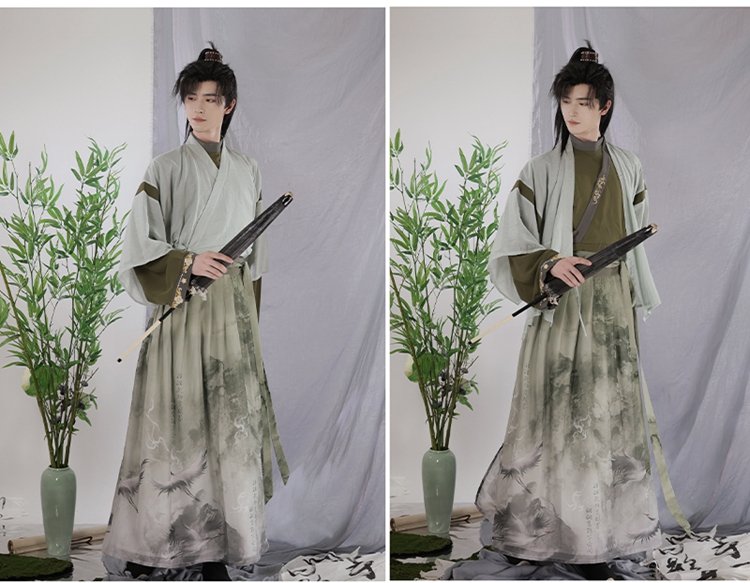 Two models wearing green chiffon Jin-style Hanfu, soft and artistic Chinese outfit.