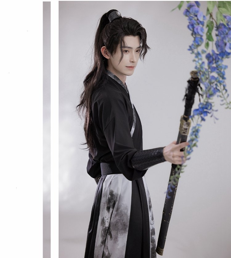 Half-body view of black embroidered Hanfu with ink-print skirt for men.