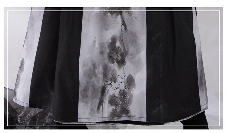 Ink-print lotus pattern on skirt of Song-style Hanfu for men, soft watercolor effect.