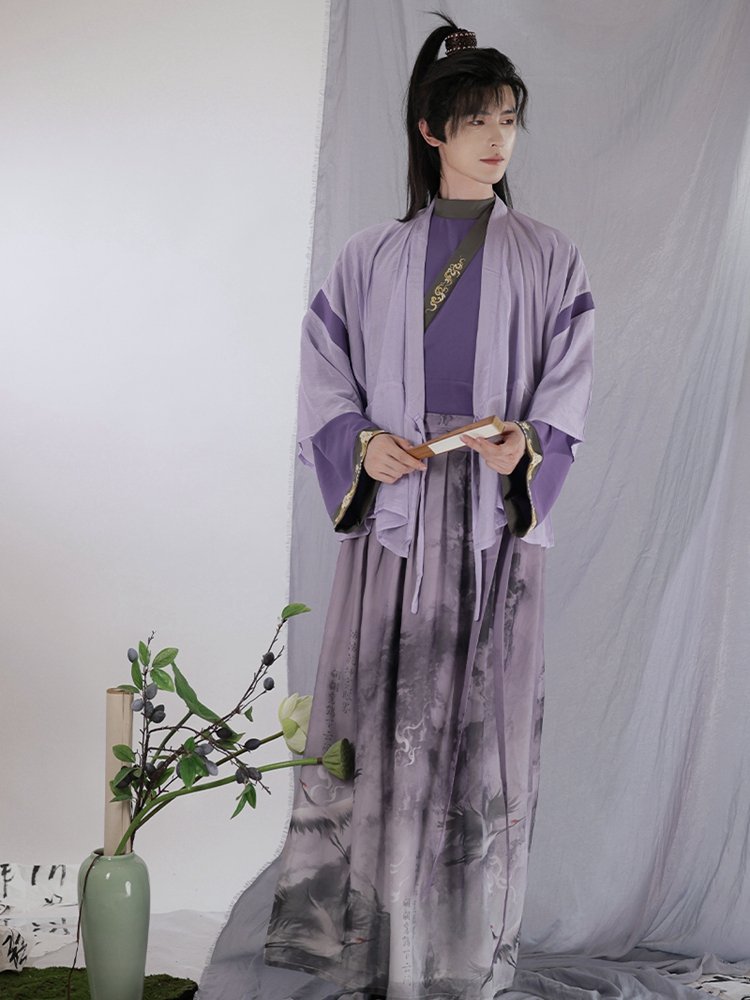 Lavender Jin-style Hanfu set for men, chiffon material with ink-print skirt.