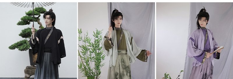 Three color variations of men’s chiffon Hanfu: black, green, and lavender, elegant and flowing.