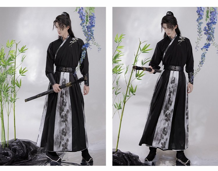 Two models in black Song-style Hanfu sets with ink-print skirts, martial arts style.