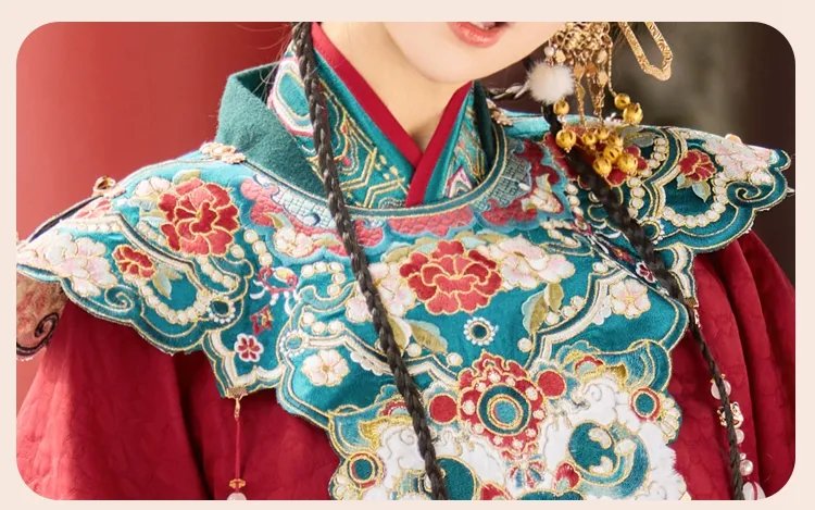 Close-up of embroidery near collar and shoulder