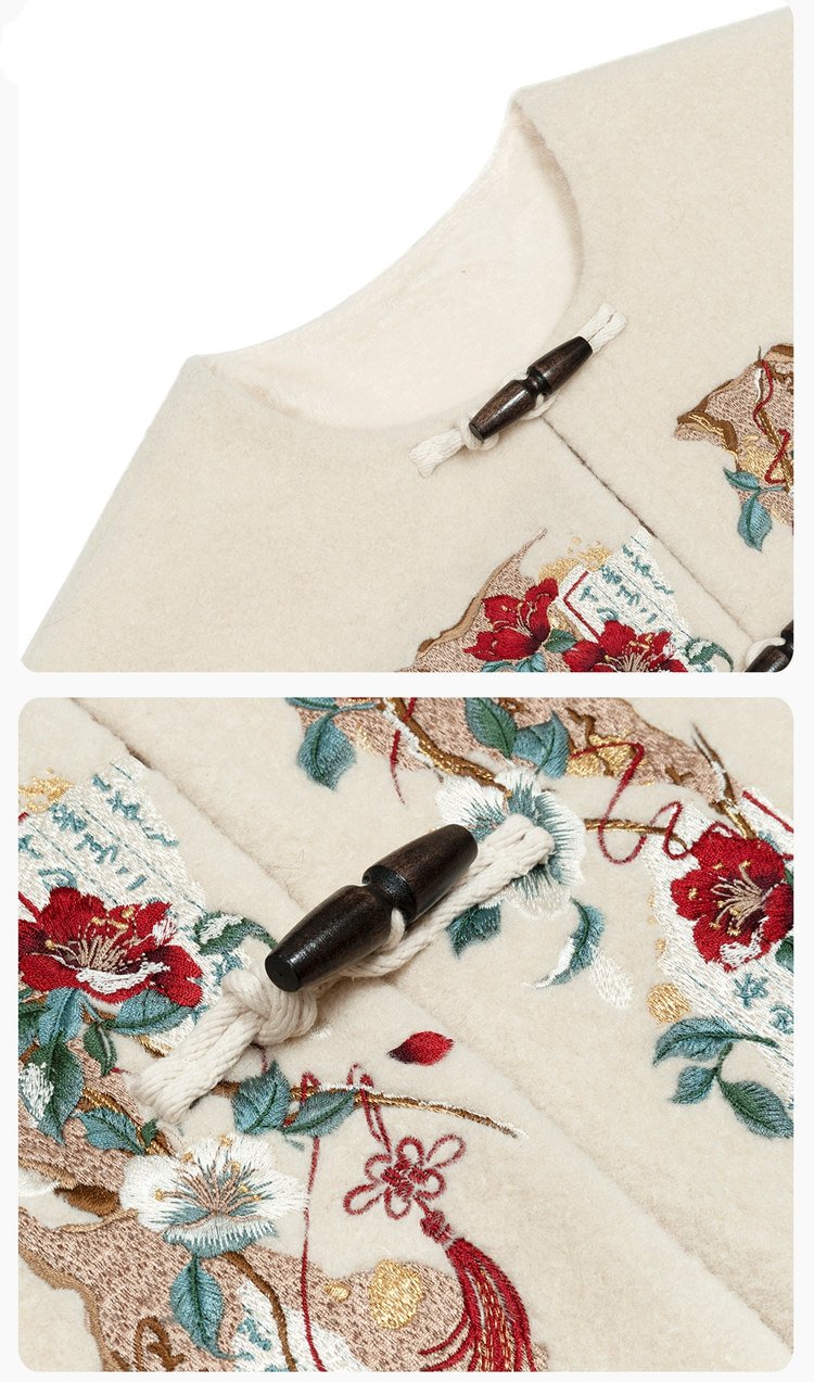 Close-up of horn toggle closure and embroidered floral patch