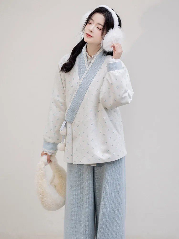 Model in a casual pose wearing the winter Hanfu set
