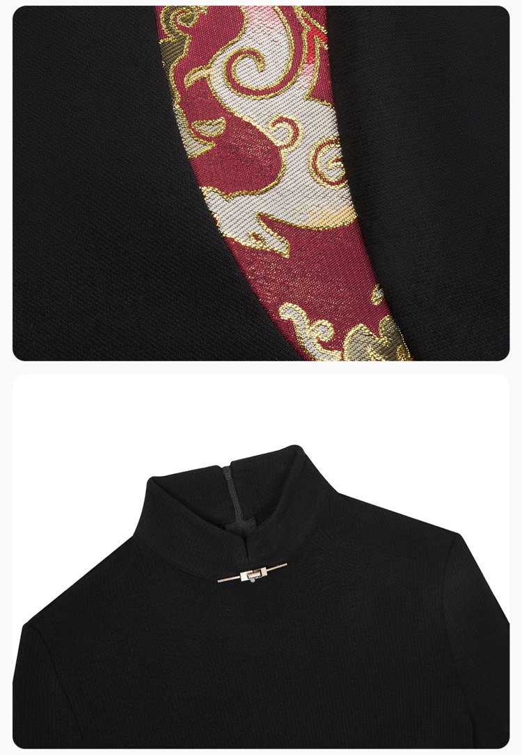 Black Hanfu shirt with mandarin collar and brocade trim