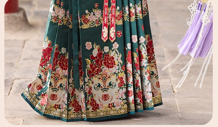 Close-up of embroidered hem on festive Hanfu