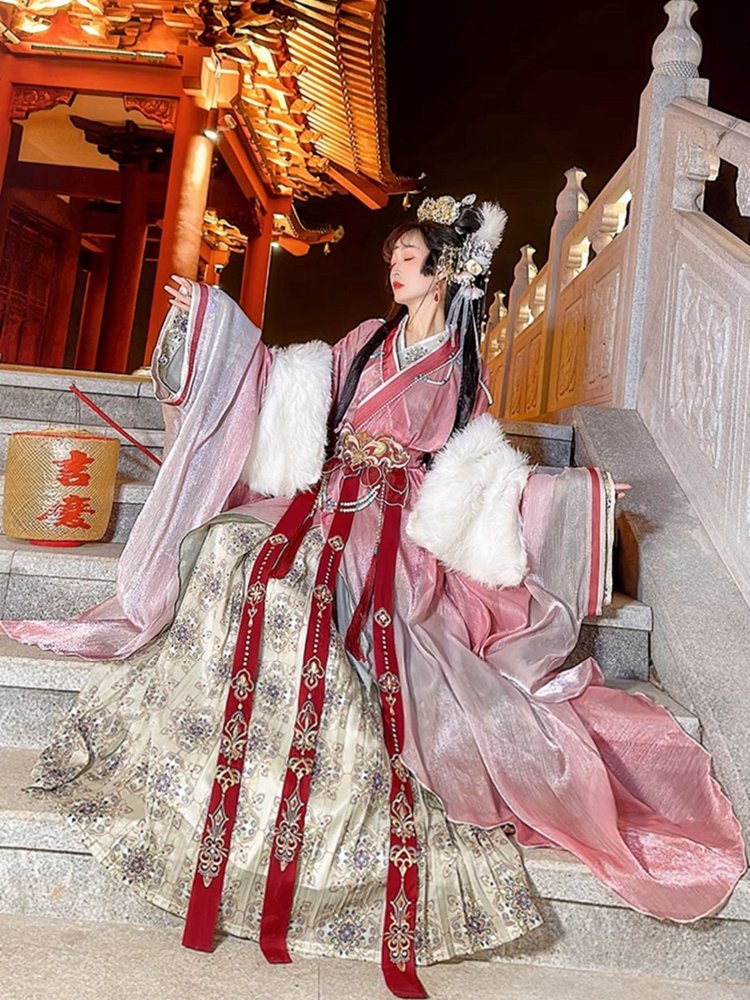Graceful Hanfu pose on traditional stairs