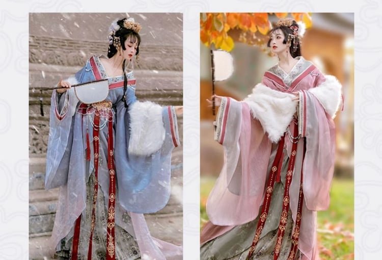 Two models showing pink and blue hanfu variations