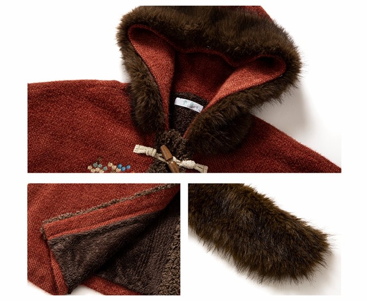 Close-up of sleeve, fur collar and button craftsmanship