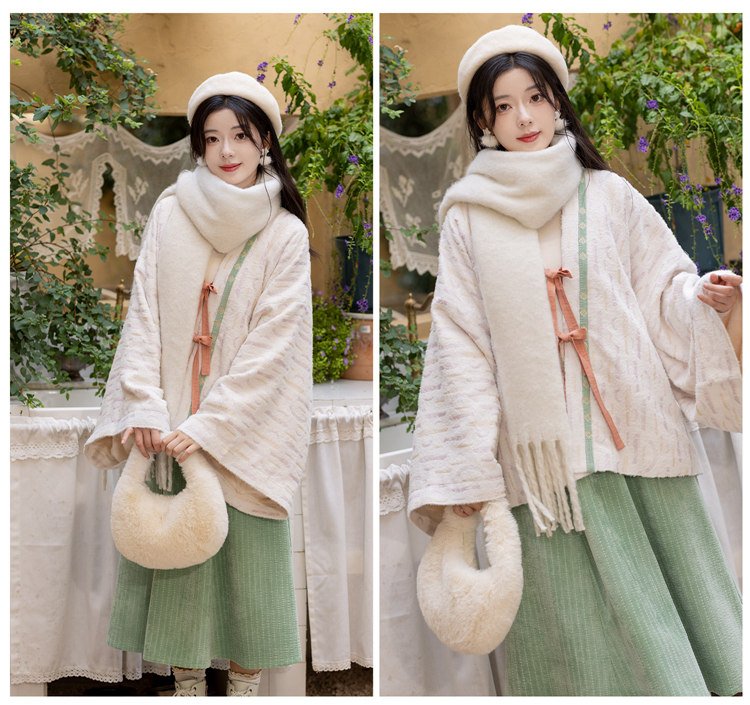 Model showing side and front pose in Jin dynasty style Hanfu winter outfit.