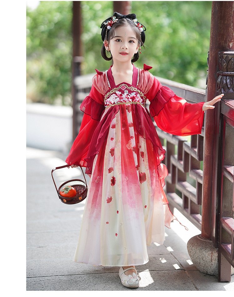 Young girl in red Hanfu dress standing on a terrace, full front view