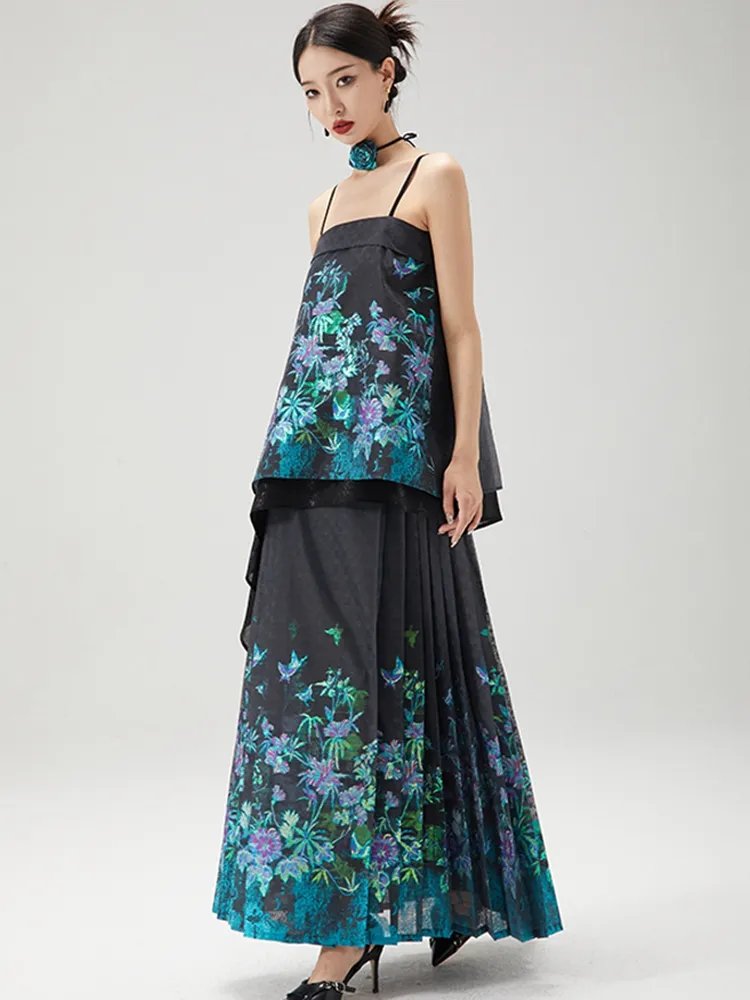 Woman wearing black layered top and turquoise floral horse-face skirt