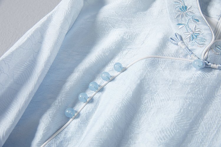 Frog button embroidery detail on Mandarin Collar Hanfu Dress