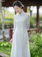Mandarin Collar Hanfu Dress Embroidered Tencel Jacquard Tea Dress