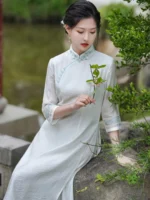 Mandarin Collar Hanfu Dress Embroidered Tencel Jacquard Tea Dress - Image 2
