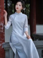 Mandarin Collar Hanfu Dress Embroidered Tencel Jacquard Tea Dress - Image 3