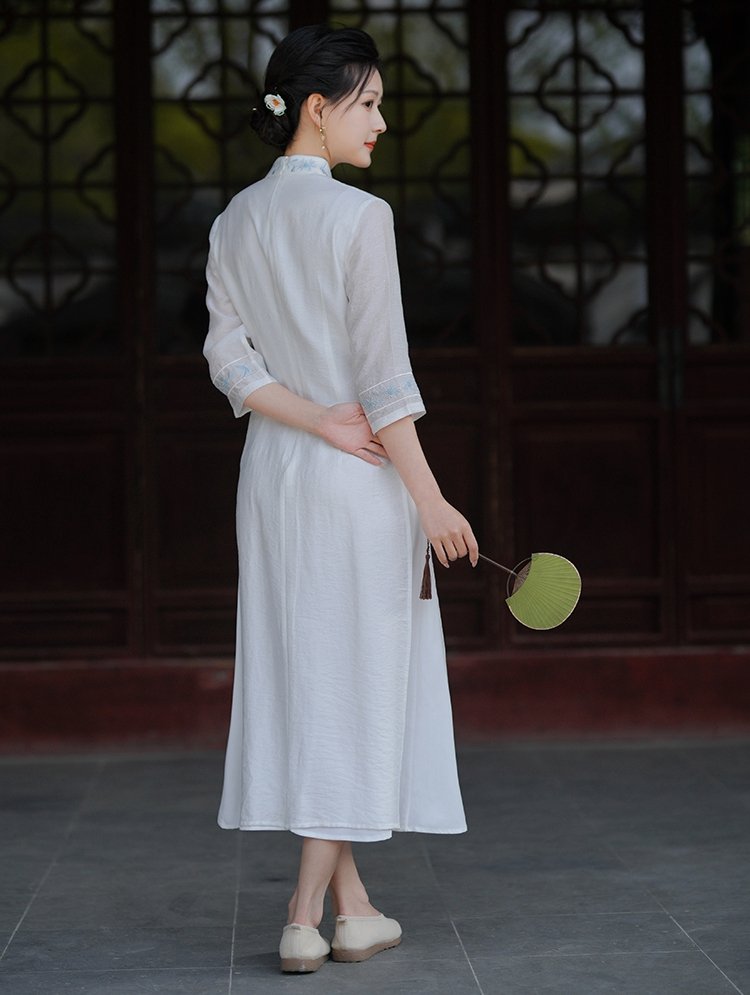 Model walking in Misty Blue Mandarin Collar Hanfu Dress