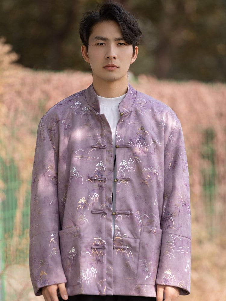 Model wearing a purple men’s Chinese suede jacket with frog buttons and a mandarin collar, front upper-body view.