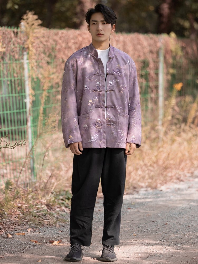 Full-body outdoor view of a man wearing a purple Chinese suede jacket with frog buttons.