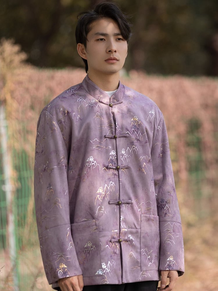 Outdoor upper-body view of a man wearing a purple Chinese suede jacket featuring traditional frog buttons.