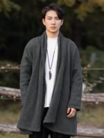 Men’s Chinese Winter Coat – Long Open-Front Hanfu-Inspired Robe Cardigan - Image 4