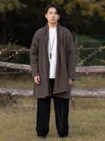 Men’s Chinese Winter Coat – Long Open-Front Hanfu-Inspired Robe Cardigan - Image 2