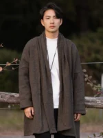 Men’s Chinese Winter Coat – Long Open-Front Hanfu-Inspired Robe Cardigan
