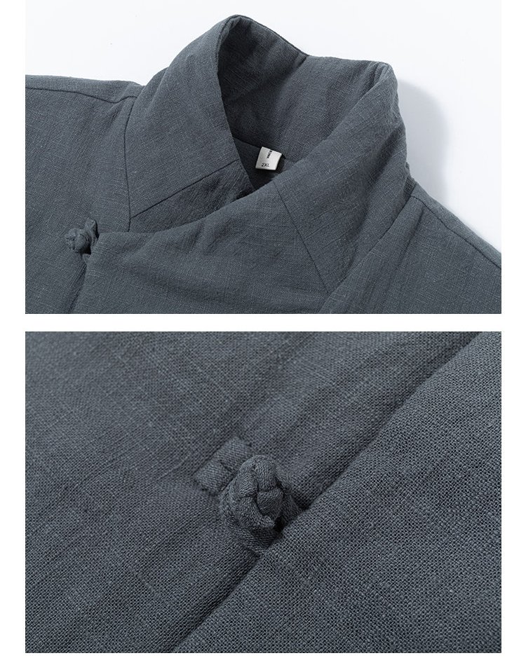 Close-up of the gray men’s Chinese winter Tang jacket showing the mandarin collar and frog button craftsmanship.