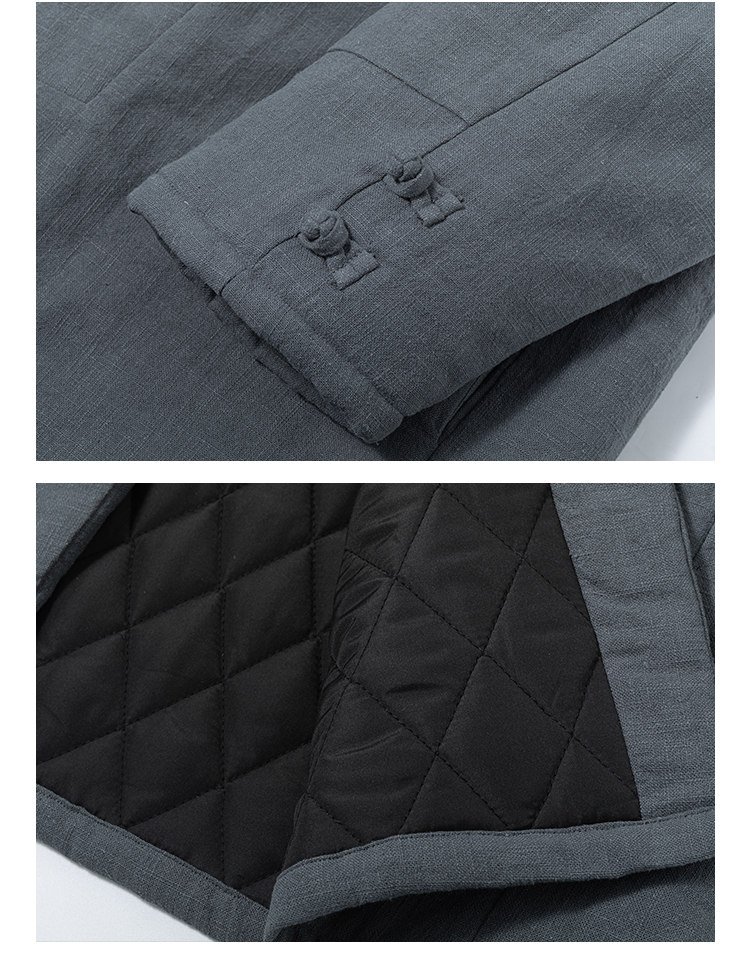 Close-up showing the padded lining and cuff construction of the gray Chinese winter Tang jacket.