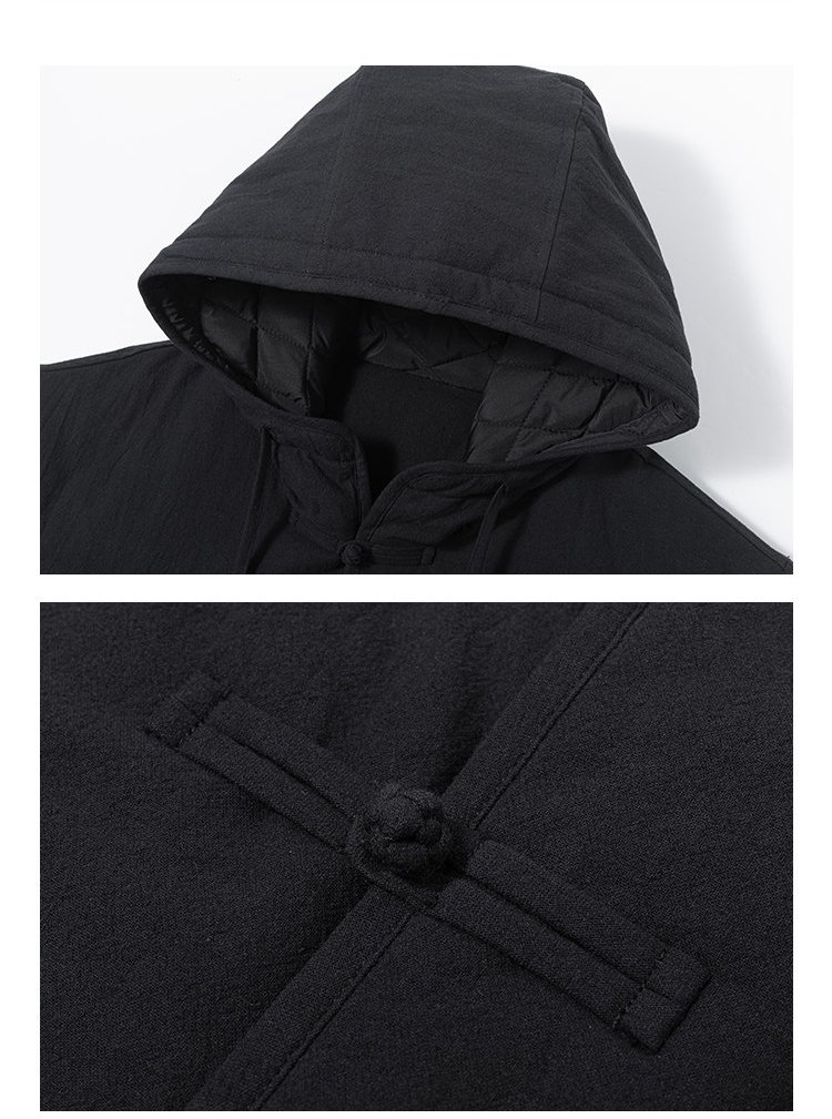 Close-up detail of the hood and frog-button closure on a black men’s Chinese winter jacket.