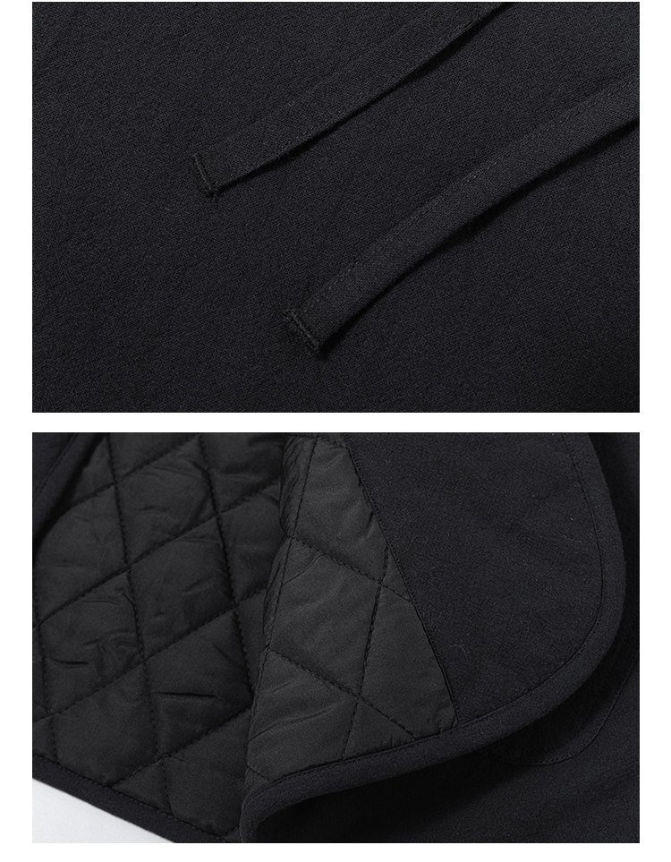 Close-up showing the quilted padded lining and stitching details of a black hooded Chinese winter jacket.
