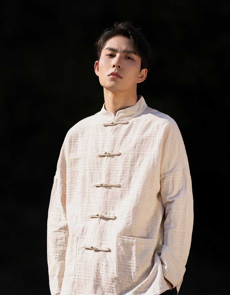 Chinese Style Mens Linen Shirts Long Sleeve