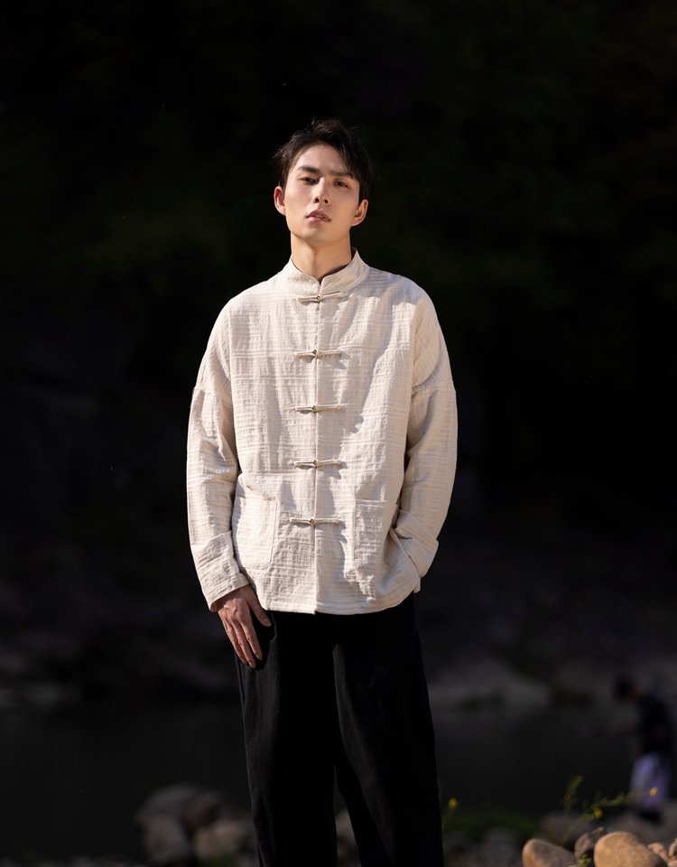 Chinese Style Mens Linen Shirts Long Sleeve